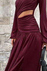 Ruched Hollow Long Sleeve Maxi Dress