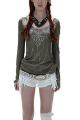 Wing Print Wide Neck Asymmetric Long T-Shirt