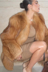 Elegant Solid Color Faux Fur Long Sleeve Coat Brown / S