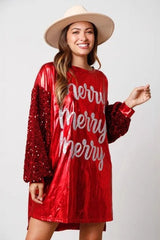 Sleeve Paneled Crew Neck Printed Sequin Dress