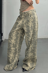 Snakeskin Print Mid Rise Wide Leg Jeans