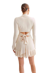 Bow Tie Ruffled Knit Pearl Midi Dress