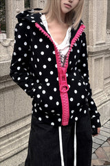 Rhinestone Wing Print Contrast Zip-Up Hoodie