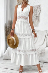 V Neck Lace Patchwork Sleeveless Boho Dress