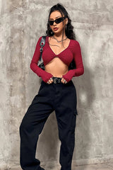 Striped Sexy Cropped Bustier Long Sleeve Tee