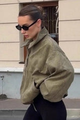 Green Suede Lapel Casual Jacket