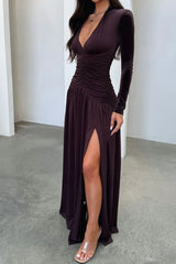 Deep V Ruched Long Sleeve Slit Fitted Waist Maxi Dress