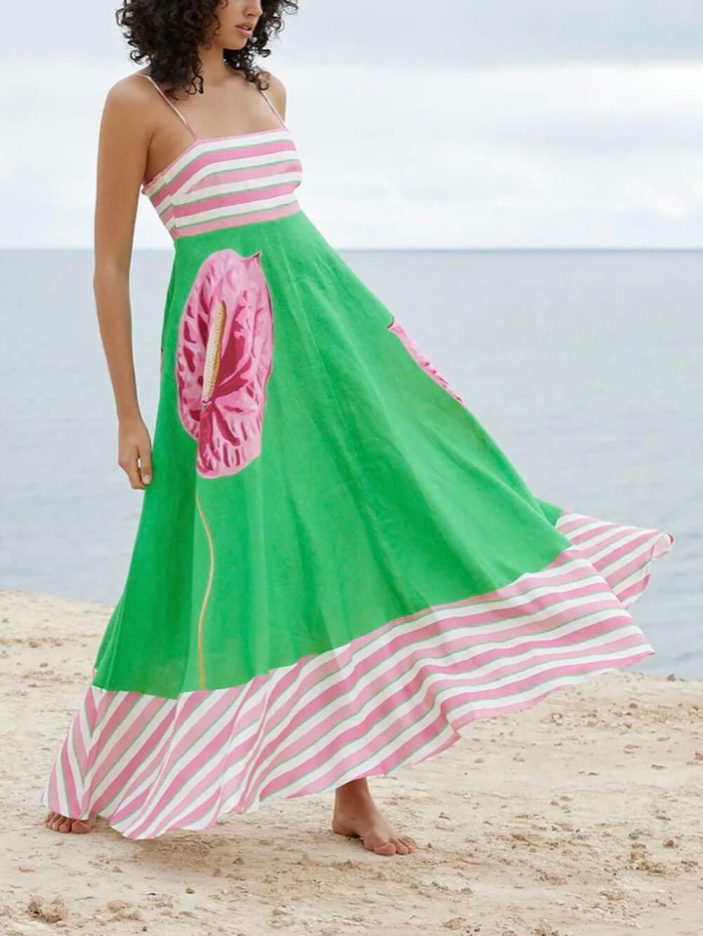 Floral Print Paneled Charming Striped Suspender Mixi Dress Dresses