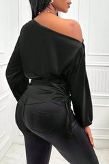 Satin Asymmetric Collar Ruched Waist Long Sleeve Tee