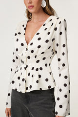 Polka Dot V Neck Fitted Blouse