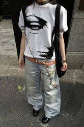 Abstract Face Jacquard Short Sleeve Knit T-Shirt