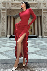 Ruffle Split Long Sleeve Maxi Dress