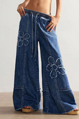 Floral Embroidered Drawstring Jeans