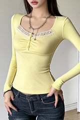 Knit Lace Trim Button Front Blouse