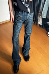 Whiskered Paint Splatter Washed Flare Jeans