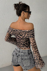 Fitted Leopard Mesh Off Shoulder Blouse