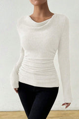 Ruched Cowl Neck Slim Knit Long Sleeve Tee