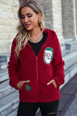 Hooded Zip Long Sleeve Fleece Loose Christmas Outerwear