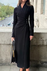 Pleated V-Neck Long Sleeve Maxi Dress
