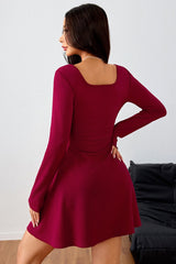 Ruched Solid Square Neck High Waist Elegant Mini Dress