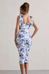 Vintage Print Ruched Midi Dress