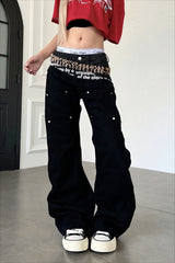 Slogan Double Waist Rivet Baggy Jeans