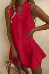 V-Neck Ruffle Cotton Linen Mini Dress