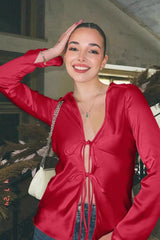 Satin Tie Front Blouse