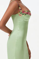 Satin Flower Embroidery Midi Dress