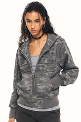 Camo Star Button Cropped Zip Hoodie