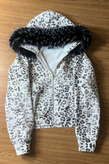 Snow Leopard Fur Trim Zip Hoodie