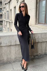 Pleated V-Neck Long Sleeve Maxi Dress