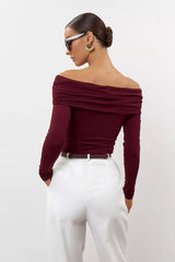 Ruched Cross Slim Bare-Shoulder Long Sleeve Tee