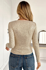 Sequin Crew Neck Fitted Long Sleeve T Shirt