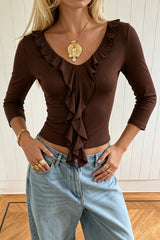 Ruffle Trim Tie Front Cropped T-Shirt
