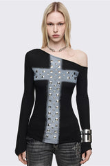 Rhinestone Cross One Shoulder Long Sleeve T-Shirt