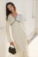 Satin Polka Dot V-Neck A-Line Midi Dress