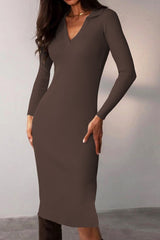 Deep V Collar Bodycon Midi Dress