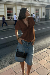 Lace Patchwork Tie Front Slim Fit Short Sleeve Tee