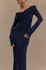 V Neck Long Sleeve Ruched High Waist Maxi Dress