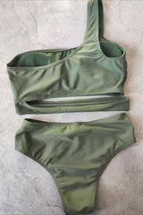 One Shoulder Side Hollow Out Two Piece Swim Set