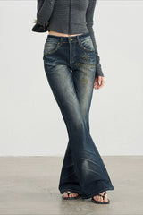 Rhinestone Cross Distressed Black Flare Jeans