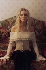 Paneled Ruched Buttoned Off-the-Shoulder Long Sleeve Tee