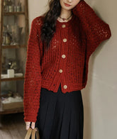 Wool Yarn Vintage Hollow Cardigan Retro Red / One Size Cardigan-241208