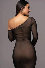 Diagonal Collar Mesh Midi Dress