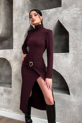 High Neck Ruched Split Midi Dress