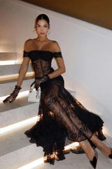 Slash Neck Jacquard Mesh Patchwork Strapless Maxi Dress