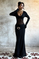 Deep V Mesh Panel Maxi Dress