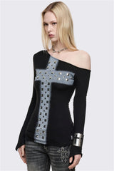 Rhinestone Cross One Shoulder Long Sleeve T-Shirt