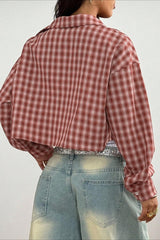 Plaid Cropped Puff Sleeve Blouse